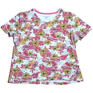 Karen Scott Sport Floral V Neck T Shirt Women's Size M Pink Yellow Short Sleeve